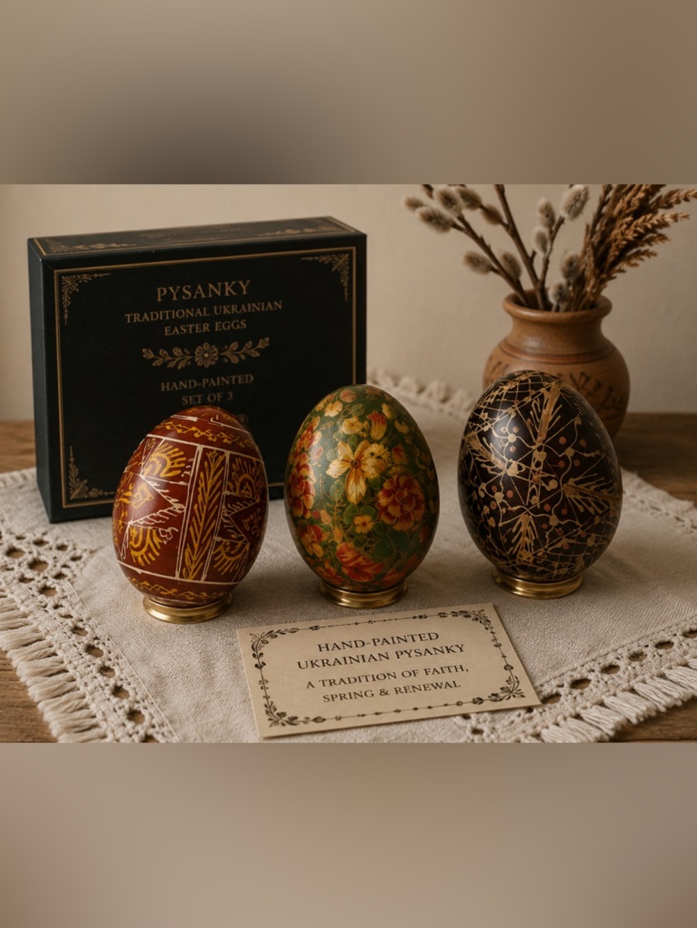Ukrainian Pysanka Wooden Easter Eggs Set of 3 Hand Painted Folk Art Decor